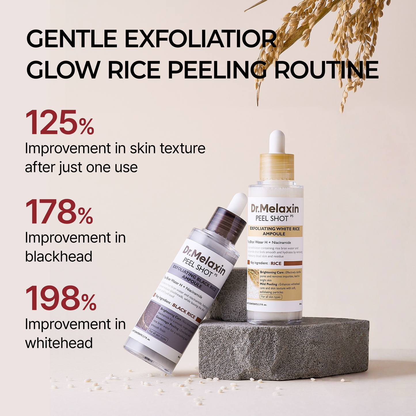 Dr. Melaxin Peel Shot Glow Rice Peeling Ampoule 80ml 2-Pack Bundle (Black Rice & White Rice) Daily Soft Exfoliating Face and Body Scrub Dead Skin Cells Blackhead Remover for All Skin Types
